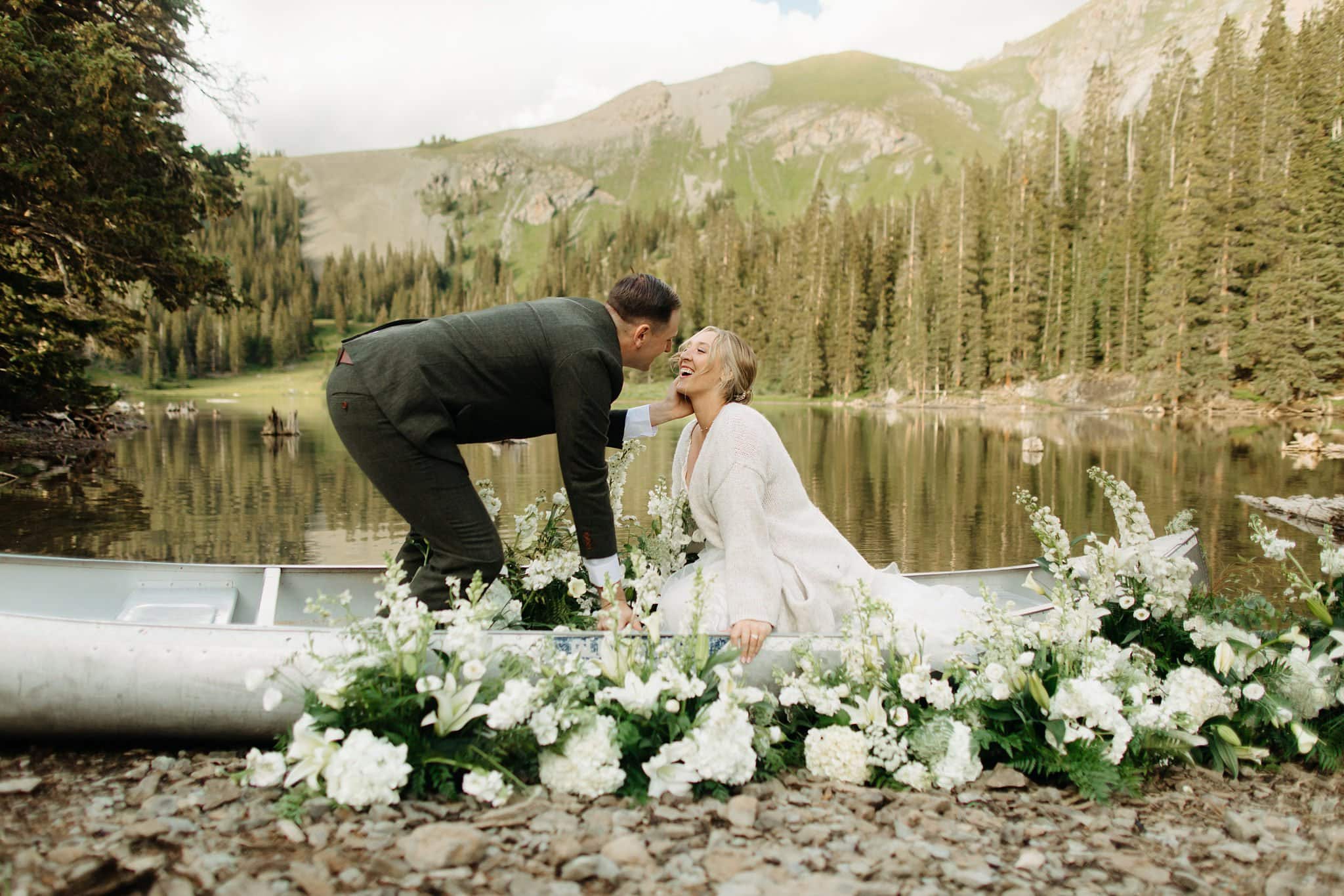 Wedding Portraits on a Canoe at Alta Lakes Observatory
