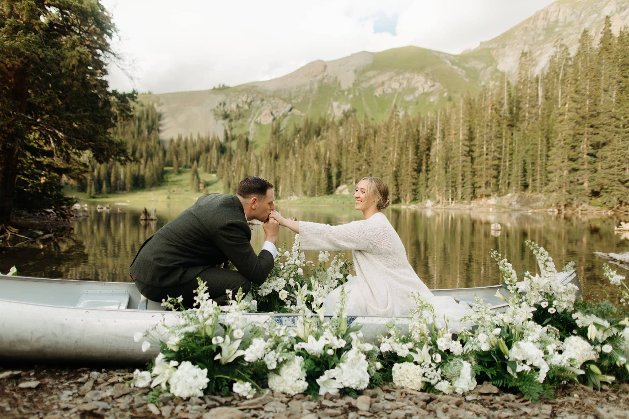 Wedding Portraits on a Canoe at Alta Lakes Observatory