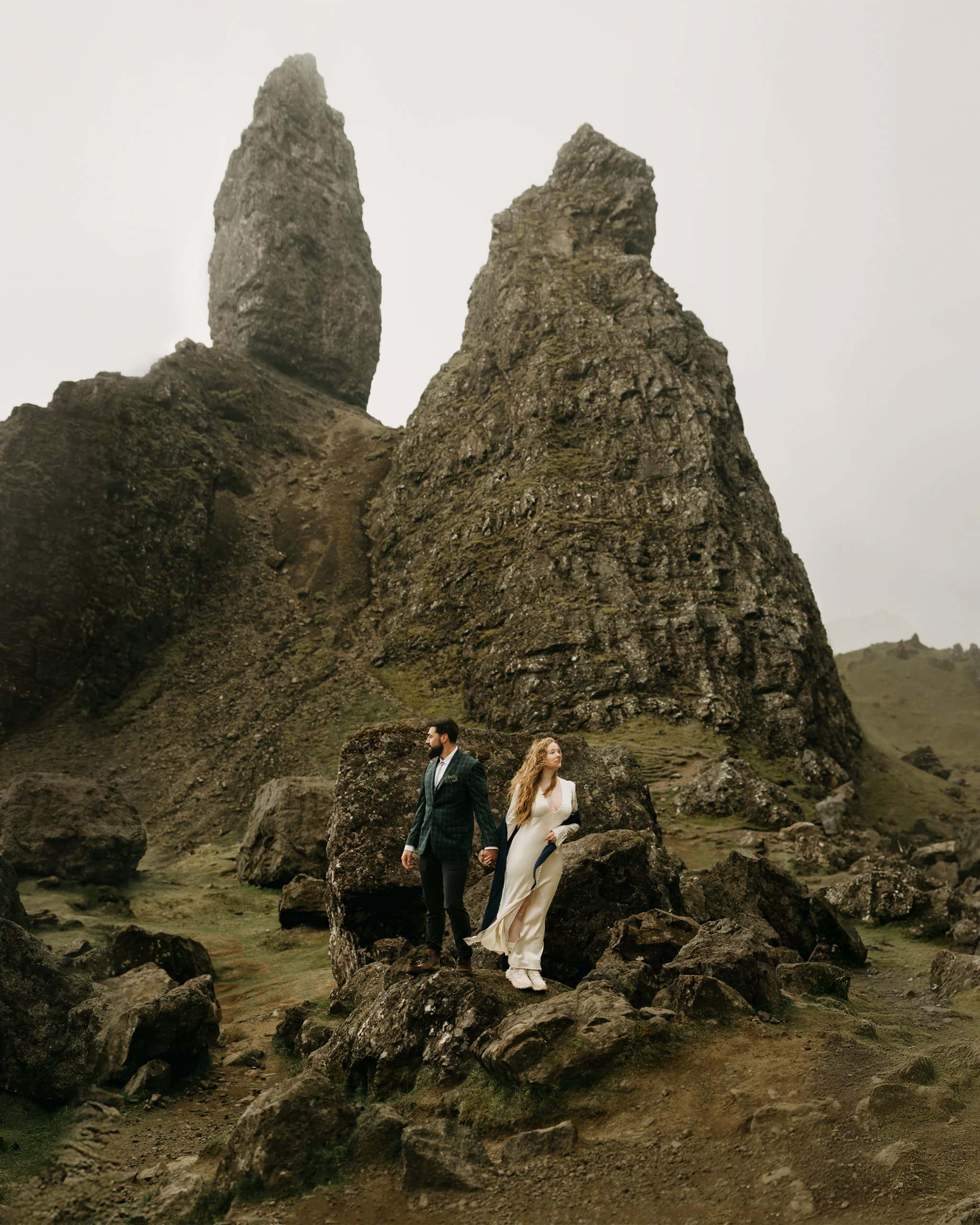 couple eloping at man of storr, isle of skye, scotland