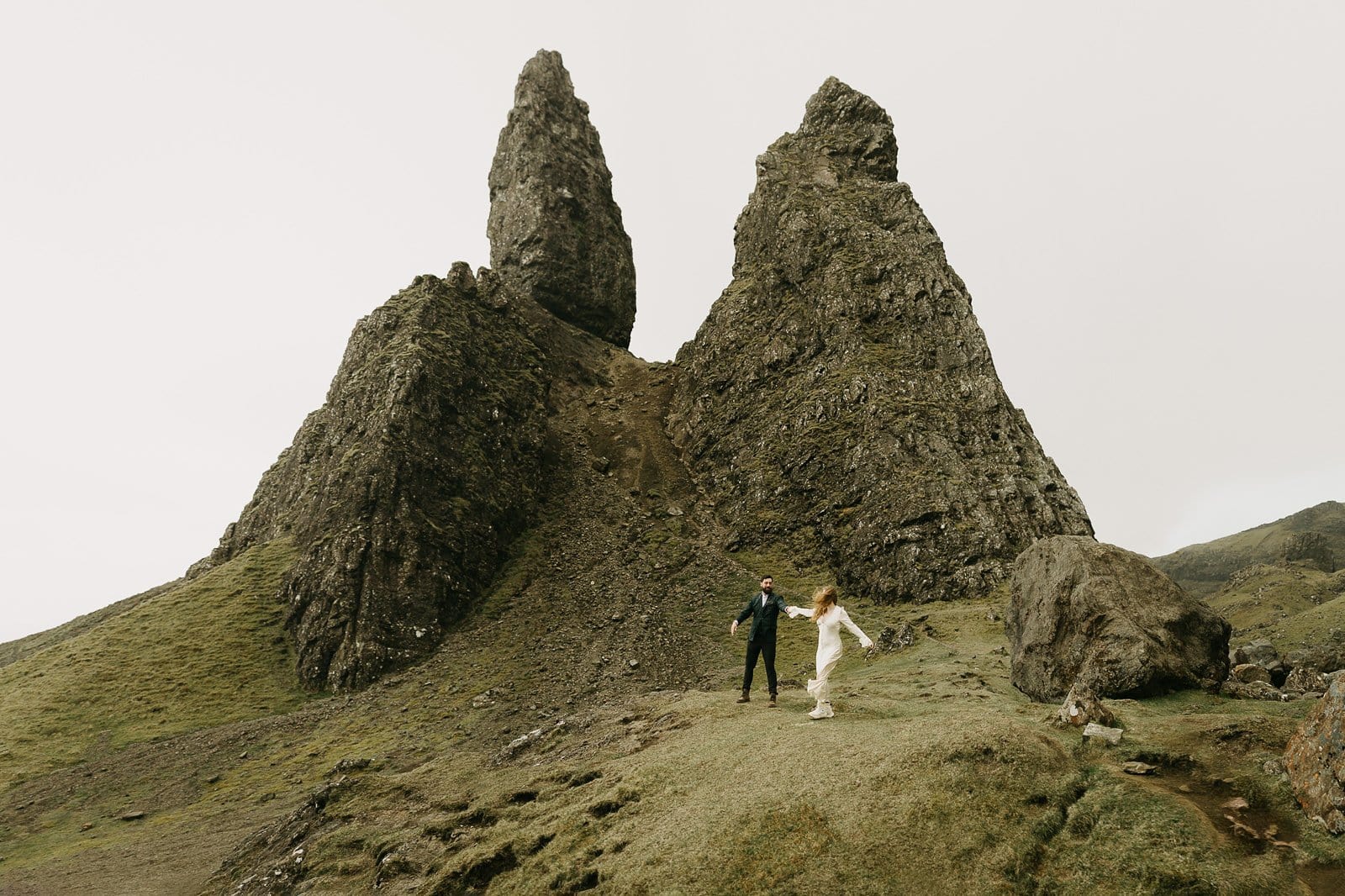 Bride and groom portraits at Old Man of Storr, Isle of Skye, Scotland