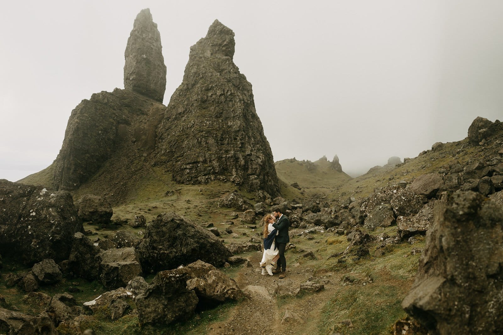 Bride and groom portraits at Old Man of Storr, Isle of Skye, Scotland