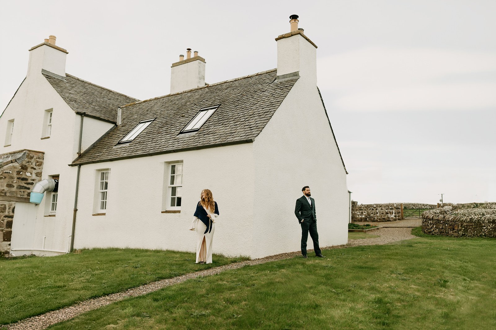 Wedding first look at Monkstadt 1745 elopement, Isle of Skye