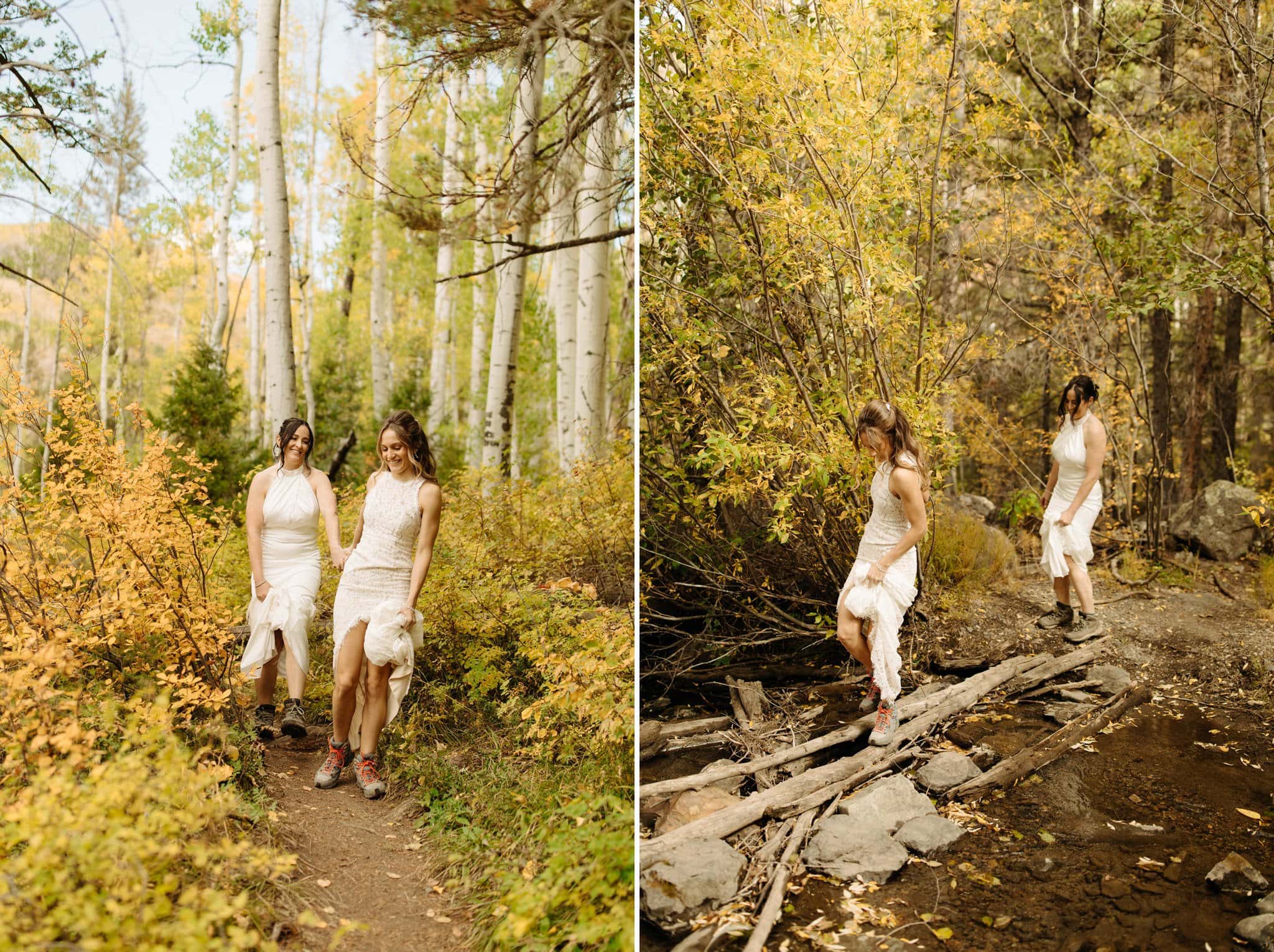 same sex hiking elopement to waterfall in telluride