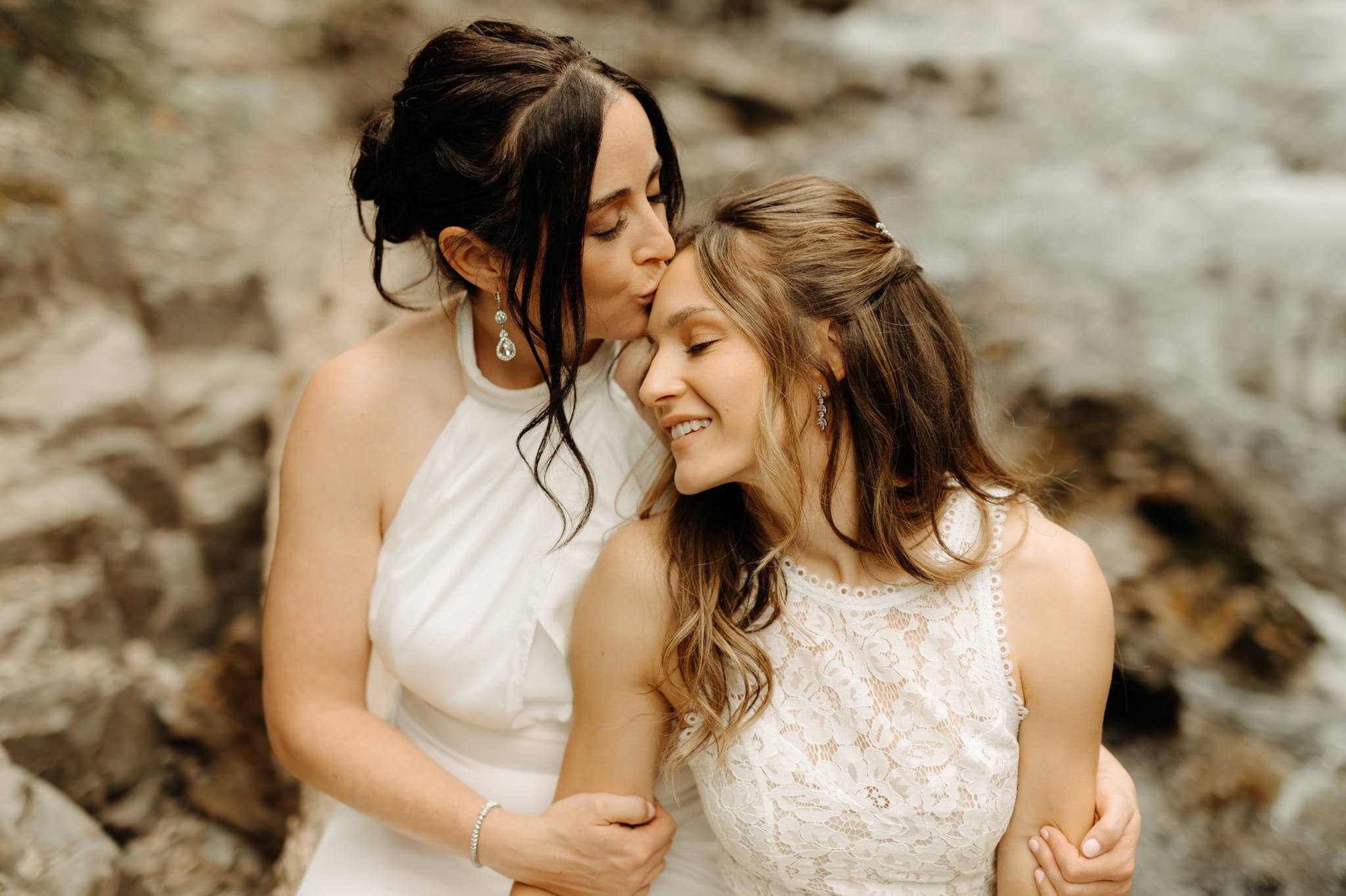 same sex hiking elopement to waterfall in telluride