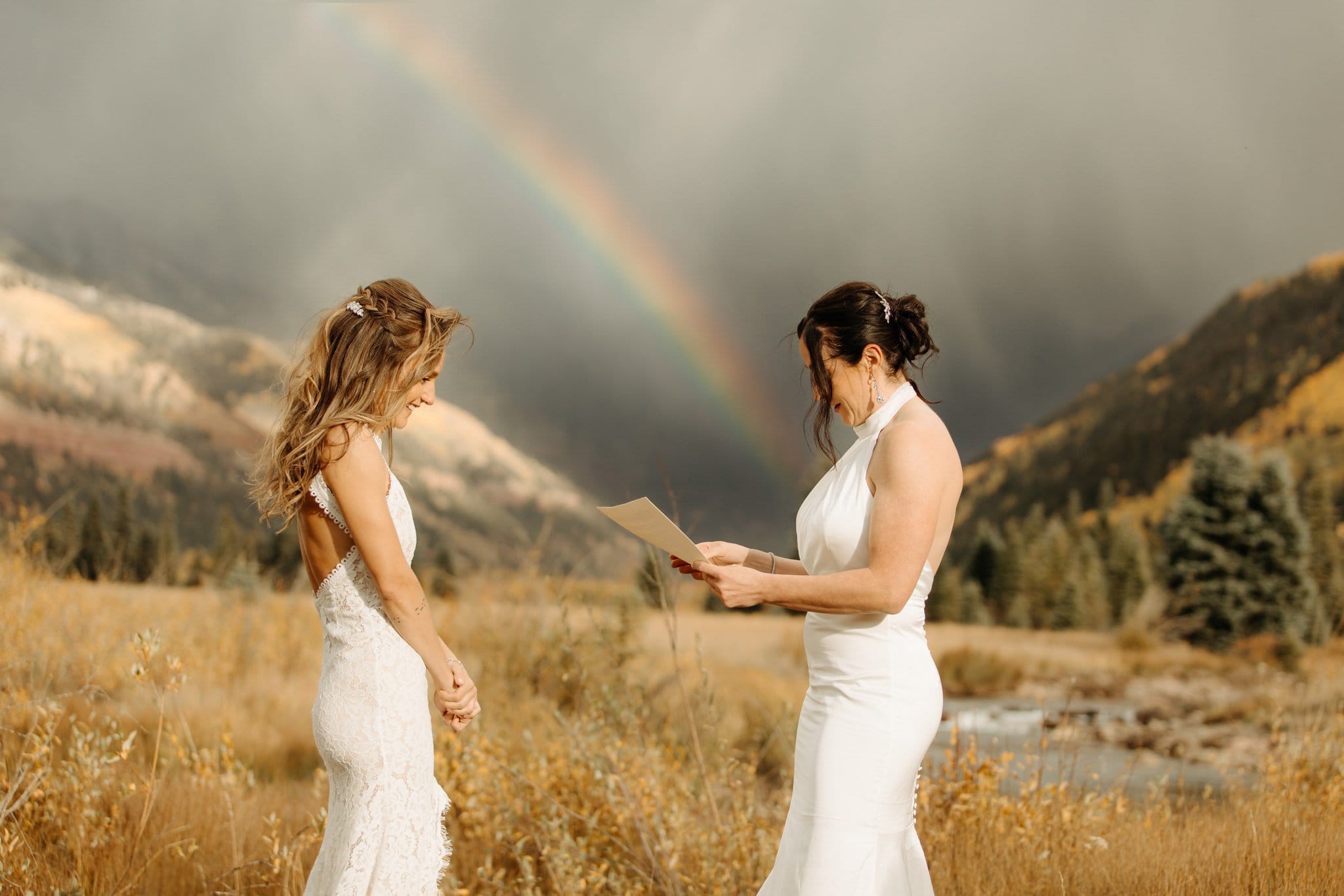 Romantic Same Sex Elopement under rainbow in Telluride
