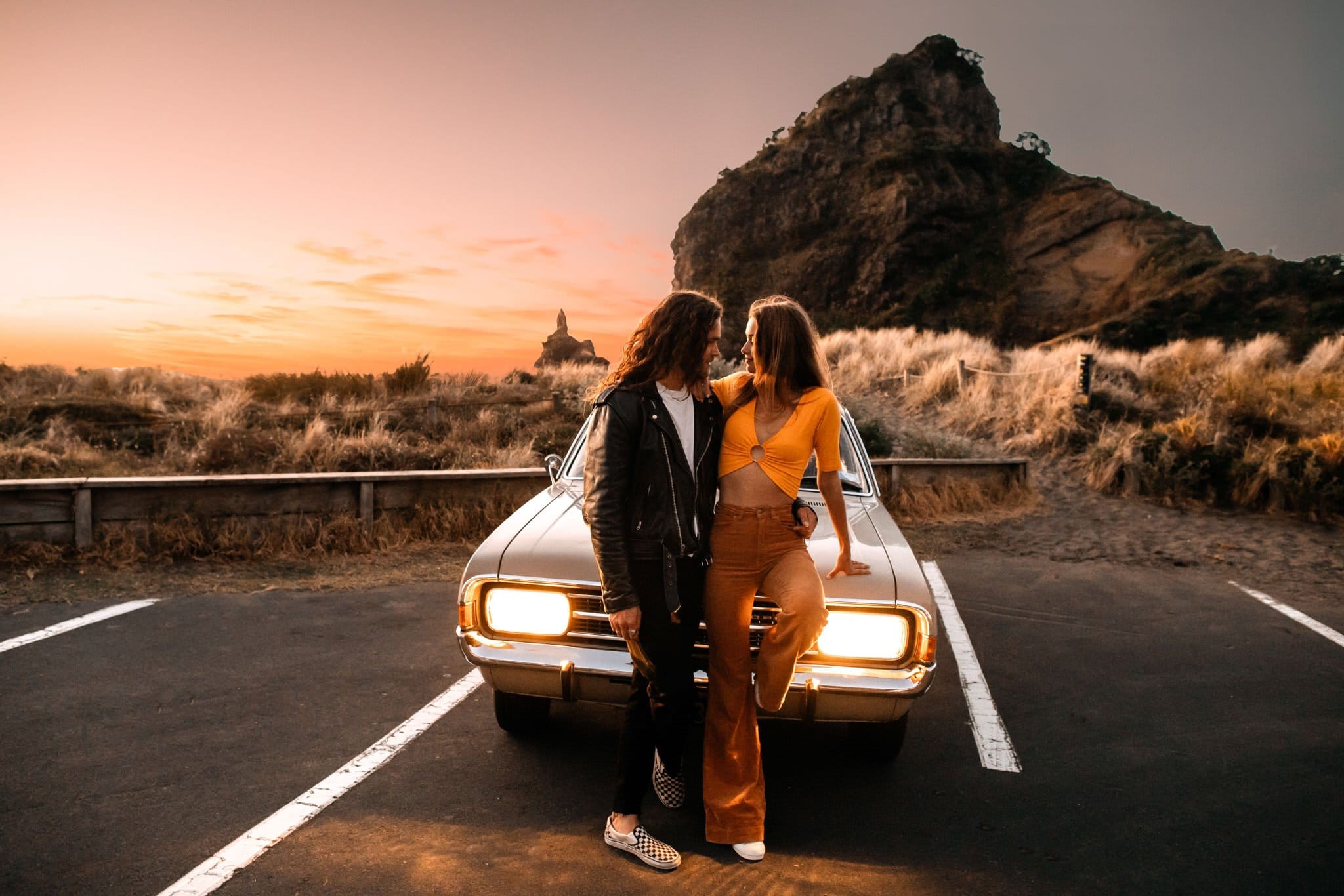 sunset engagement session in Piha