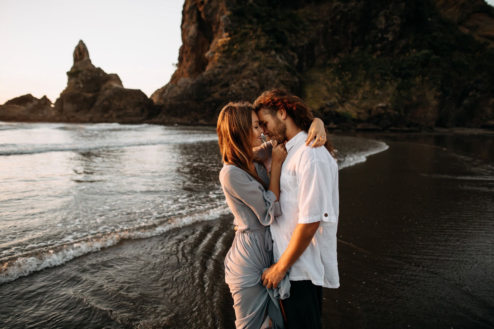 sunset engagement session in Piha